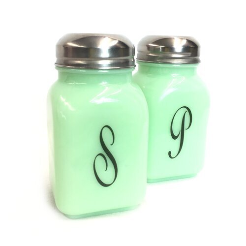 Vintage Monogram Salt & Pepper Shakers in Jadeite