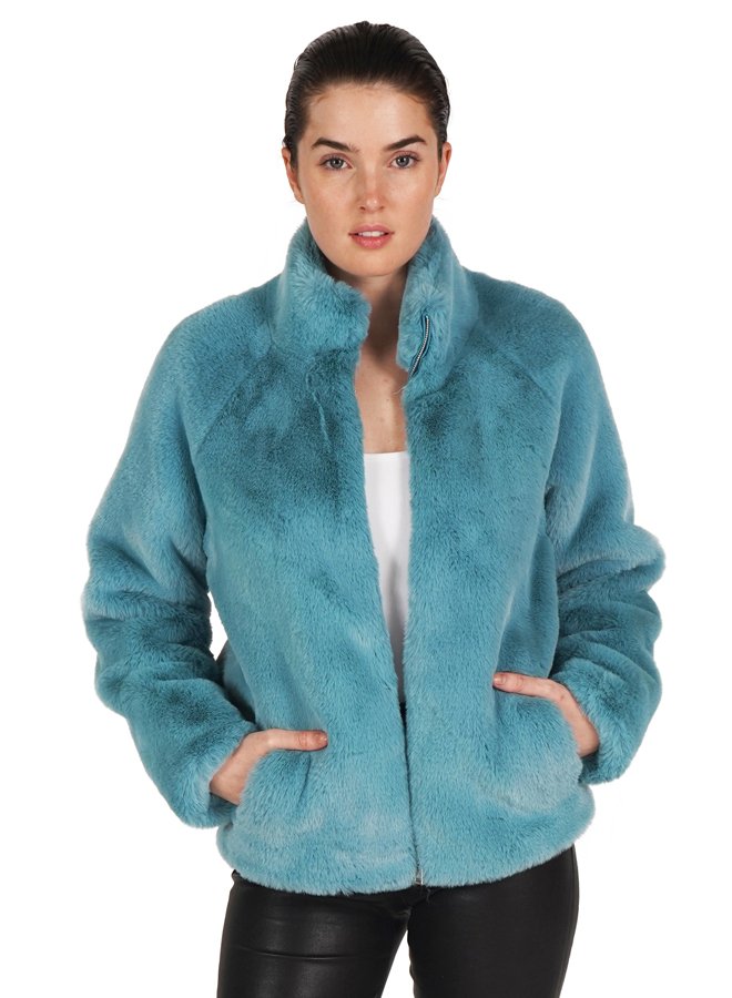 Faux Fur Zippered Jacket In Sky Blue