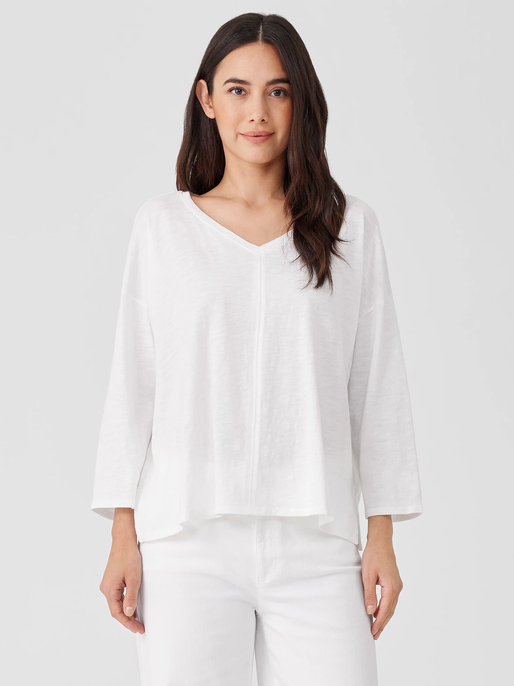 Organic Cotton Slub V-Neck 3/4 Sleeve Top