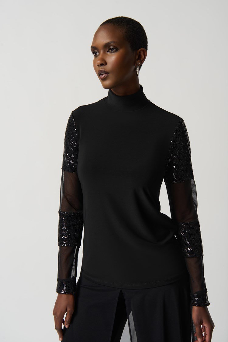Silky Knit and Mesh Mock Neck Fitted Top