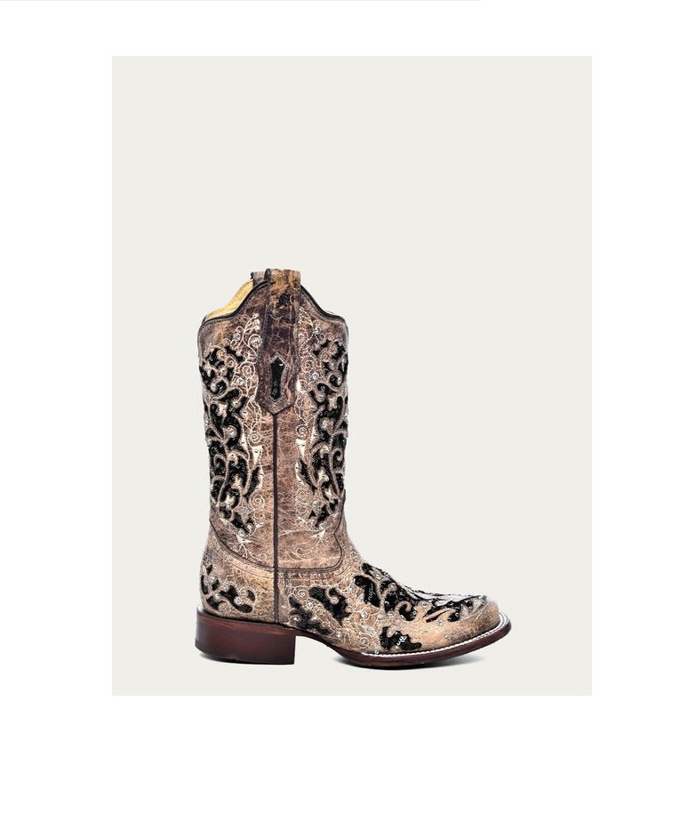 BLACK GLITTER INLAY FLORAL OVERLAY WITH CRYSTALS AND STUDS SQUARE TOE BROWN COWBOY BOOT