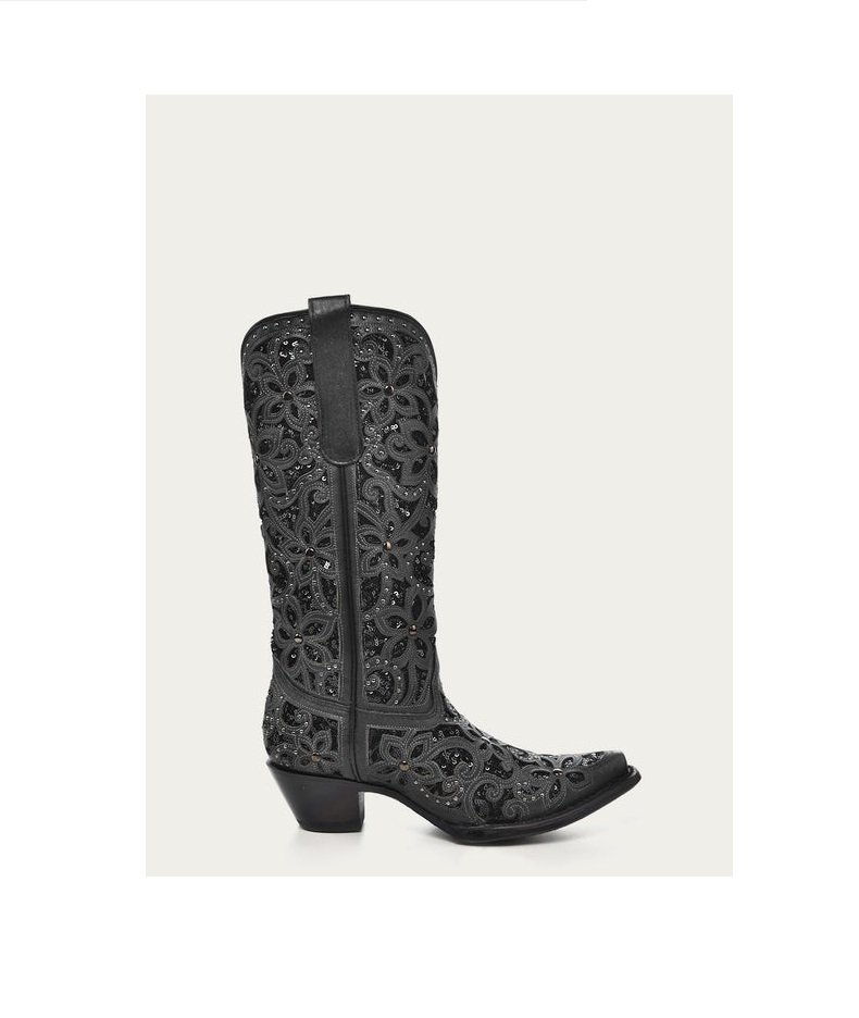 BLACK GLITTER INLAY FLORAL OVERLAY WITH CRYSTALS AND STUDS SNIP TOE BLACK COWBOY BOOT