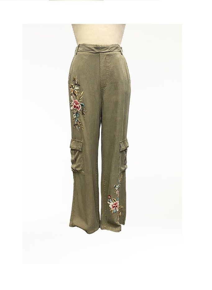 Tencel Wide Leg Embroidered Cargo Pant