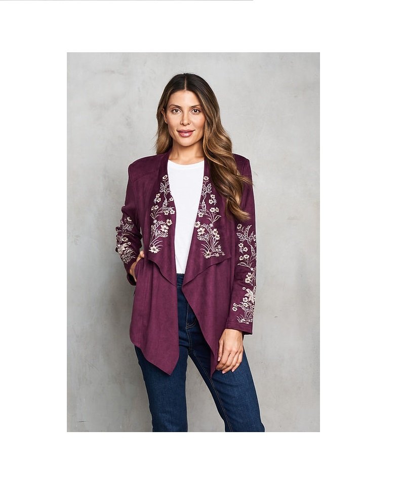 Faux Suede Embroidered Open Front Short Jacket