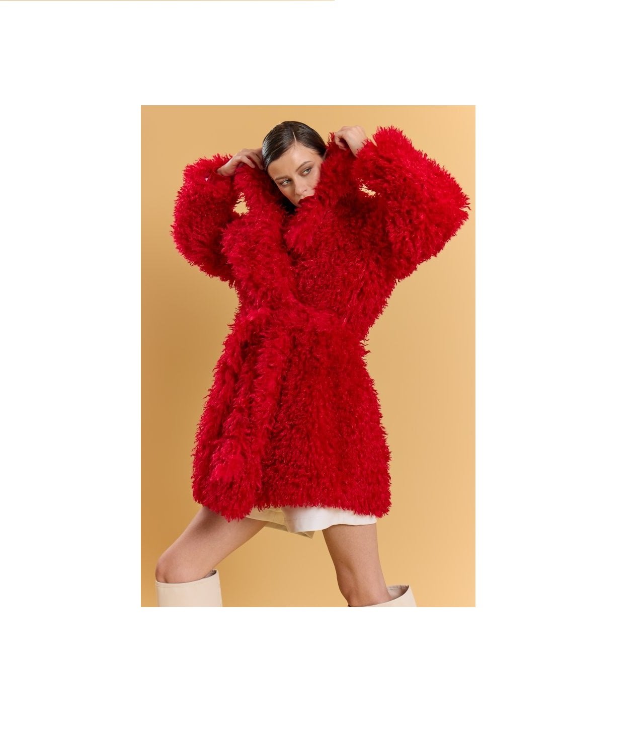 Red Bamboo Blend Faux Fur Shearling Coat