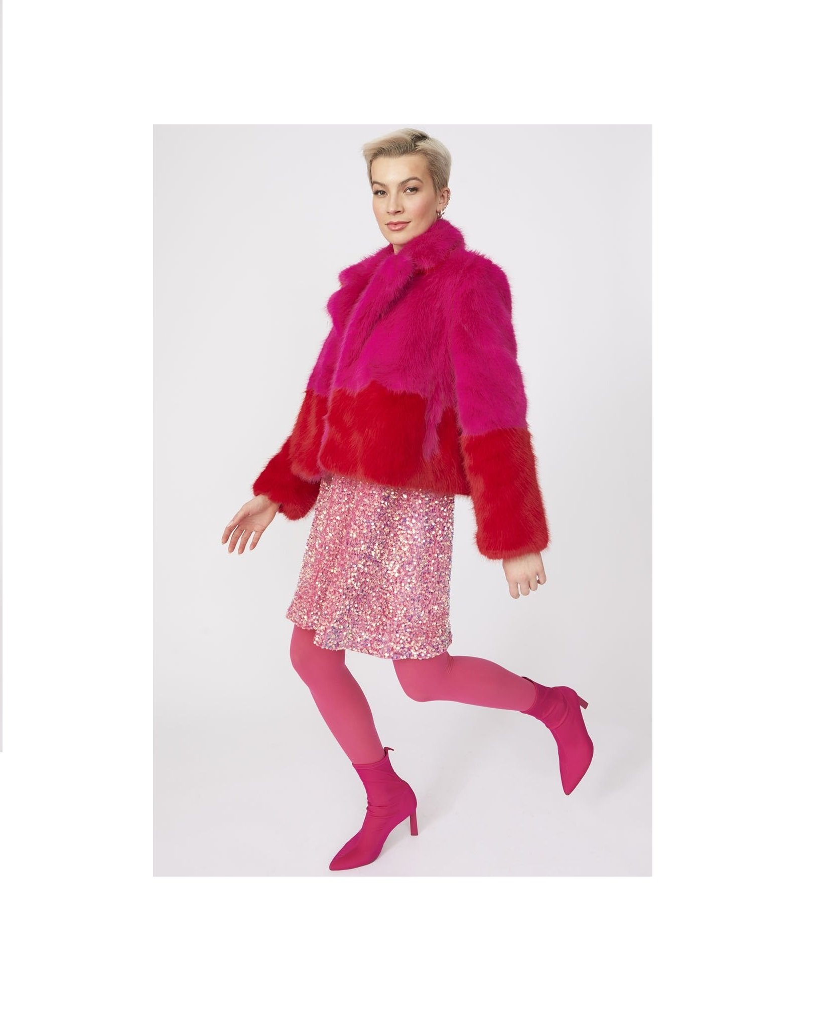 Pink and Red Bamboo Faux Fur Two Tone Double Cropped Coat