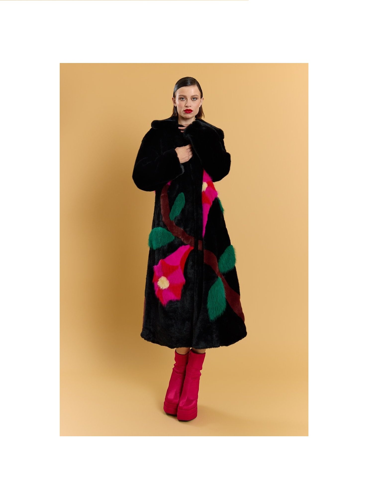 Black Hand Made Flower Bamboo Faux Fur Coat