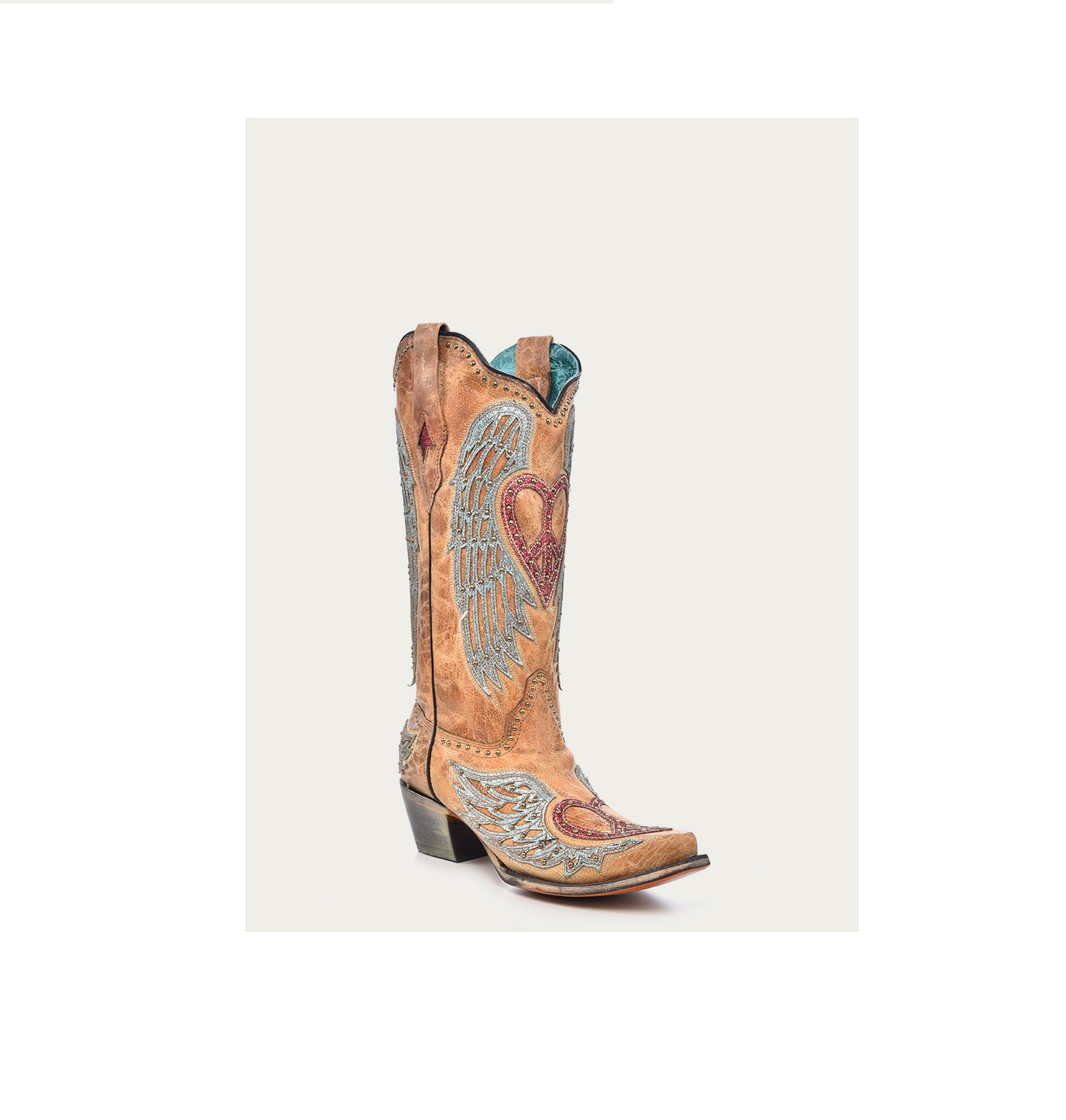 HEART AND CROSS OVERLAY AND STUDS WORN FINISH SAND SNIP TOE COWBOY BOOT